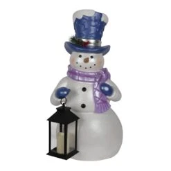 Lavender Winter Snowman Holding Lantern Statue W/Flash LED-LG Christmas Decor