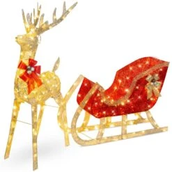 Best Choice Products 48 In. Gold LED Outdoor Reindeer Sleigh Christmas Decoration With 205 Lights And Stakes