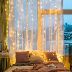 9.8 Ft. X 9.8 Ft. 300 LED Warm White Window Curtain String Light With Remote, 8-Lighting Modes USB Powered -The Home Depot Shop betus christmas novelty lights b string curtain 300led 10ft fa 1000