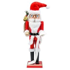 14 In. Wooden Christmas Santa Nutcracker Santa In Traditional Attire W/ A Bag Of Gifts On His Shoulder And List Of Names