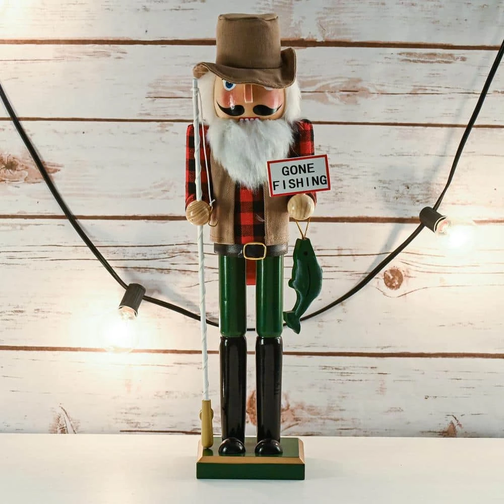 15 In. Wooden Christmas Fisher Man Nutcracker - Red And Green Fisherman Nutcracker With Fishing Rod And Fish In Hand 3 15 In. Wooden Christmas Fisher Man Nutcracker - Red And Green Fisherman Nutcracker With Fishing Rod And Fish In Hand - Image 3