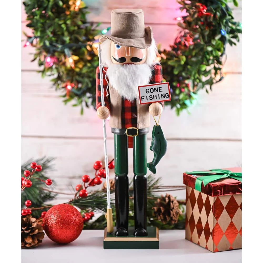 15 In. Wooden Christmas Fisher Man Nutcracker - Red And Green Fisherman Nutcracker With Fishing Rod And Fish In Hand 2 15 In. Wooden Christmas Fisher Man Nutcracker - Red And Green Fisherman Nutcracker With Fishing Rod And Fish In Hand - Image 2