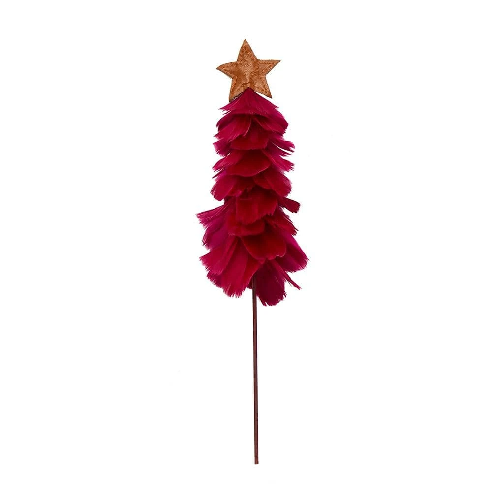 19 In. Burgundy Feather Christmas Tree Ornament With Star On Stick Pick (Set Of 3) 1 19 In. Burgundy Feather Christmas Tree Ornament With Star On Stick Pick (Set Of 3)