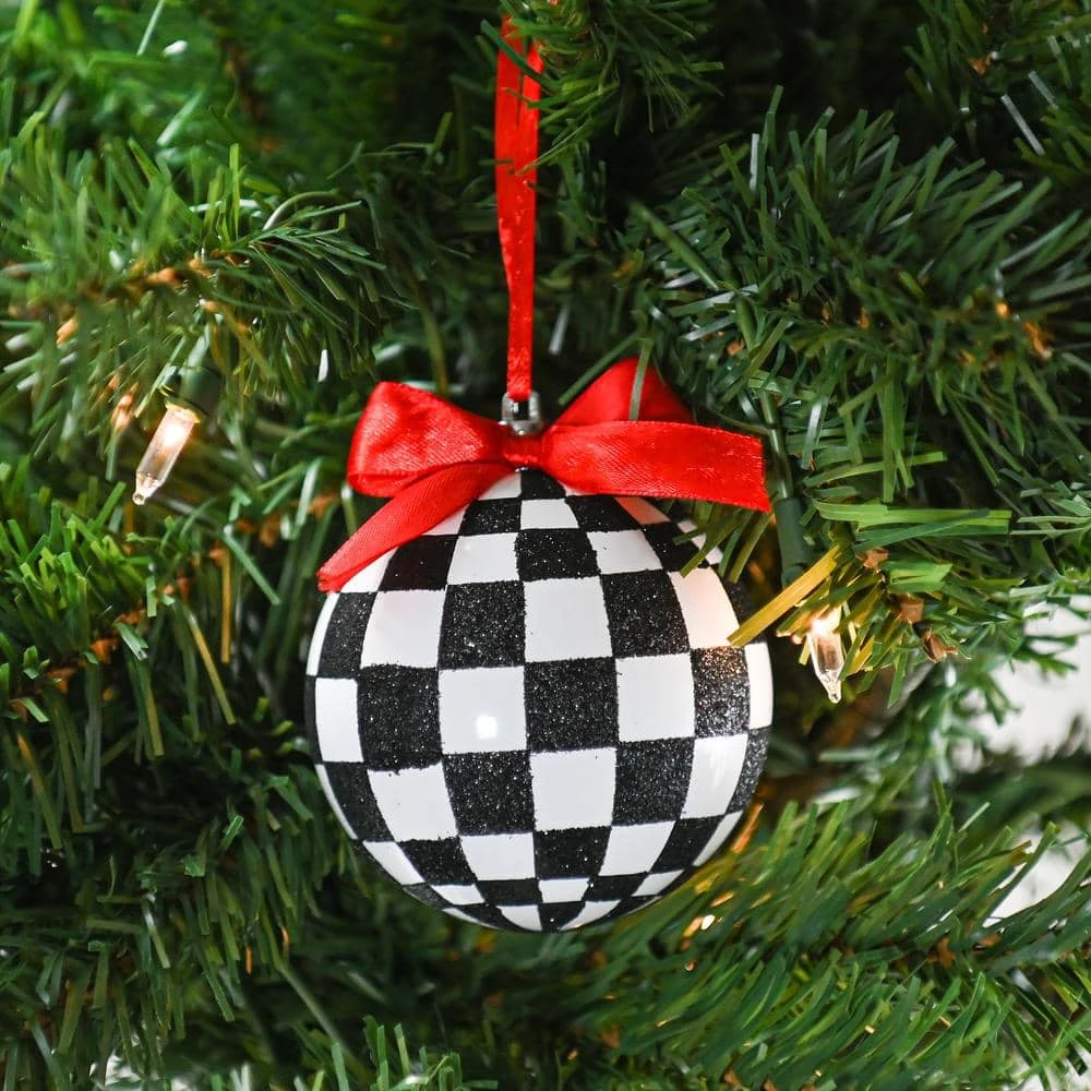 Black And White Ornaments - Glittered Checkered Ball Ornament With Red Bow Christmas Tree Decoration Set (Pack Of 12) 5 Black And White Ornaments - Glittered Checkered Ball Ornament With Red Bow Christmas Tree Decoration Set (Pack Of 12) - Image 5