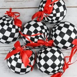 Black And White Ornaments - Glittered Checkered Ball Ornament With Red Bow Christmas Tree Decoration Set (Pack Of 12) 9 Black And White Ornaments - Glittered Checkered Ball Ornament With Red Bow Christmas Tree Decoration Set (Pack Of 12) -The Home Depot Shop christmas ornament sets or 223 4f 1000