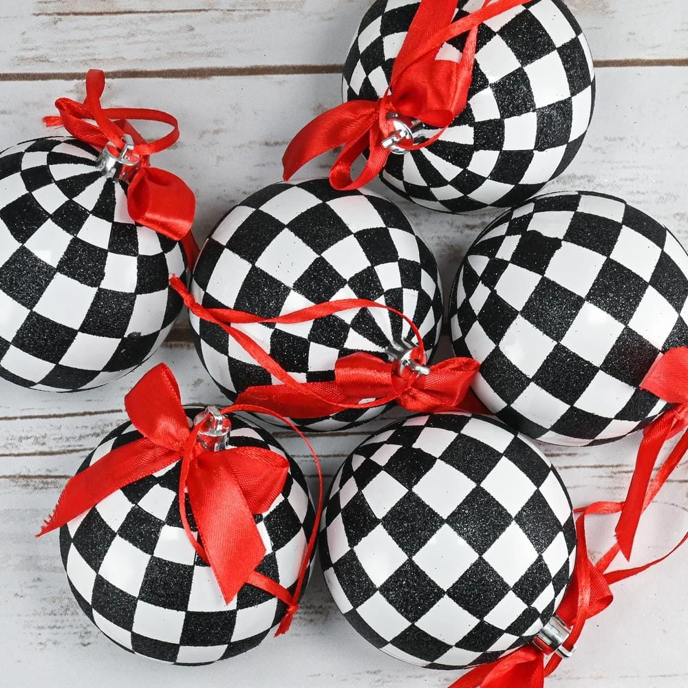 Black And White Ornaments - Glittered Checkered Ball Ornament With Red Bow Christmas Tree Decoration Set (Pack Of 12) 3 Black And White Ornaments - Glittered Checkered Ball Ornament With Red Bow Christmas Tree Decoration Set (Pack Of 12) - Image 3