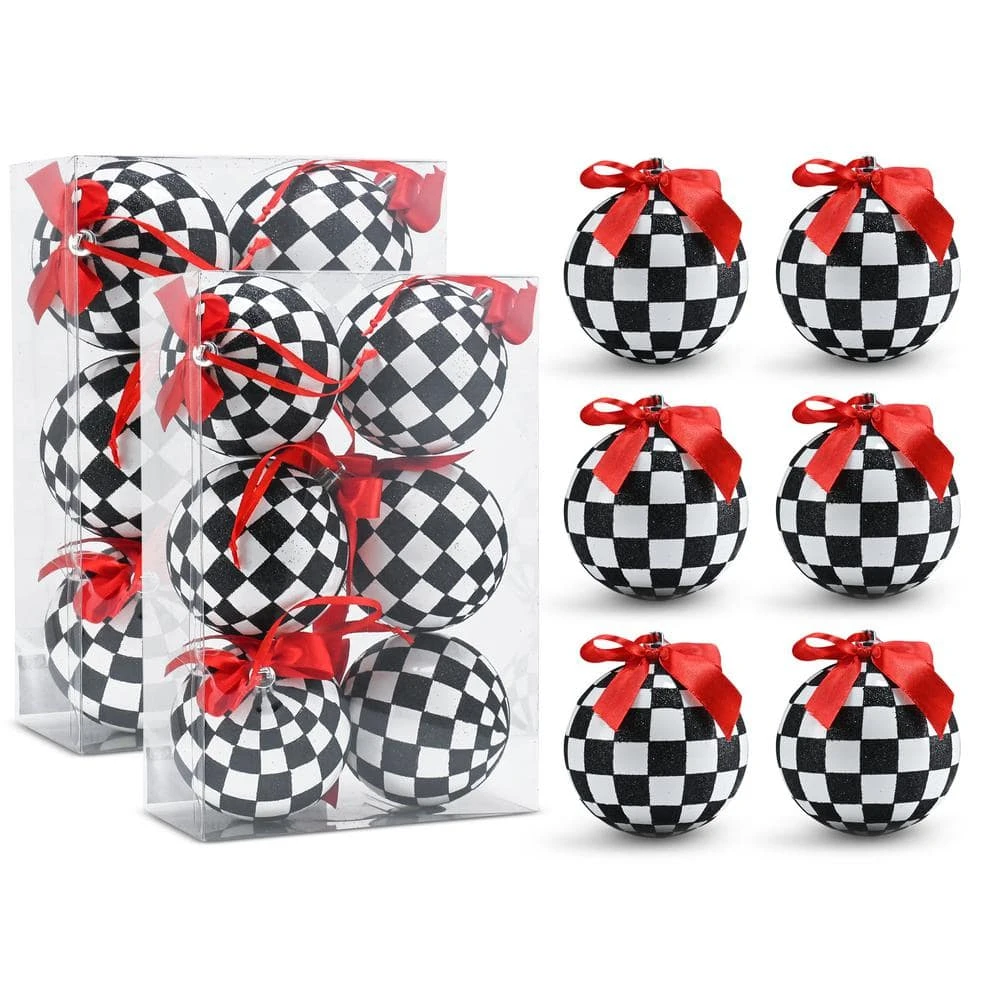 Black And White Ornaments - Glittered Checkered Ball Ornament With Red Bow Christmas Tree Decoration Set (Pack Of 12) 1 Black And White Ornaments - Glittered Checkered Ball Ornament With Red Bow Christmas Tree Decoration Set (Pack Of 12)