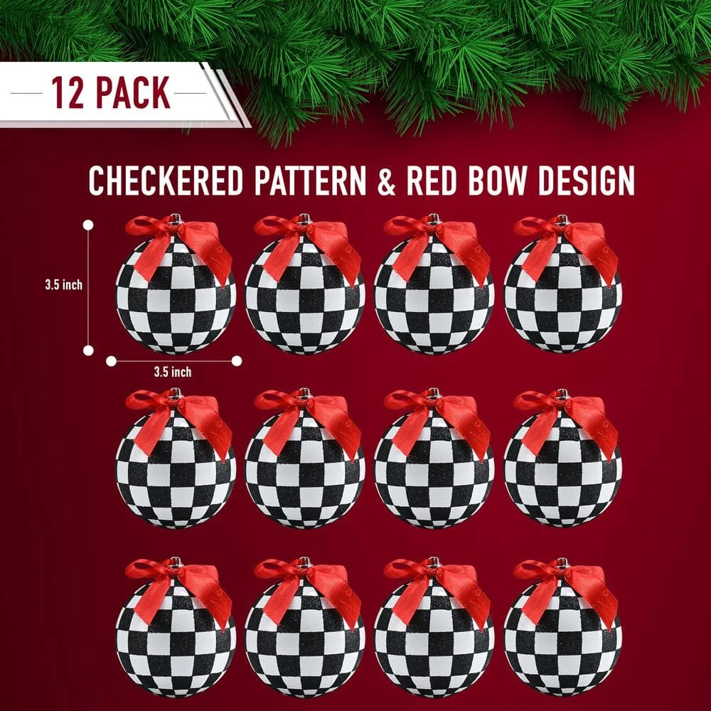 Black And White Ornaments - Glittered Checkered Ball Ornament With Red Bow Christmas Tree Decoration Set (Pack Of 12) 7 Black And White Ornaments - Glittered Checkered Ball Ornament With Red Bow Christmas Tree Decoration Set (Pack Of 12) - Image 7