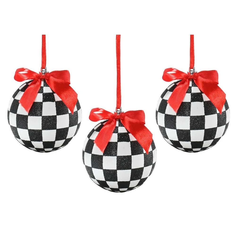 Black And White Ornaments - Glittered Checkered Ball Ornament With Red Bow Christmas Tree Decoration Set (Pack Of 12) 2 Black And White Ornaments - Glittered Checkered Ball Ornament With Red Bow Christmas Tree Decoration Set (Pack Of 12) - Image 2