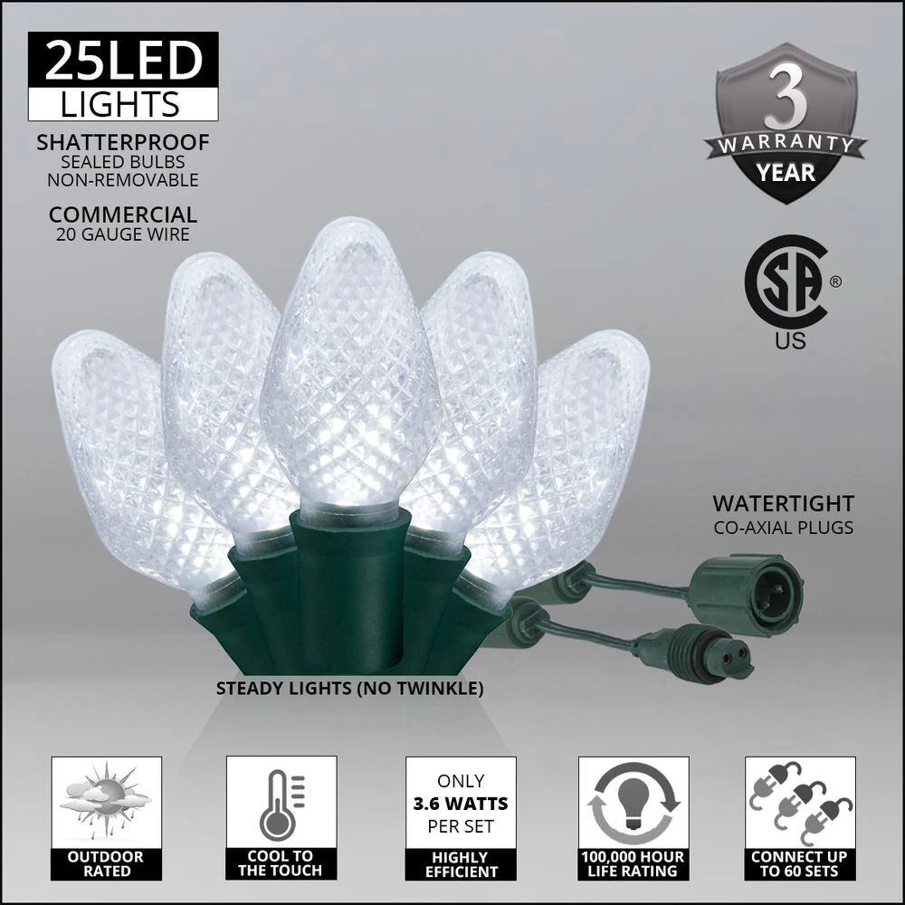 24 Ft. 25-Light LED Cool White Commercial C7 String Lights With Watertight Coaxial Connectors 2 24 Ft. 25-Light LED Cool White Commercial C7 String Lights With Watertight Coaxial Connectors - Image 2