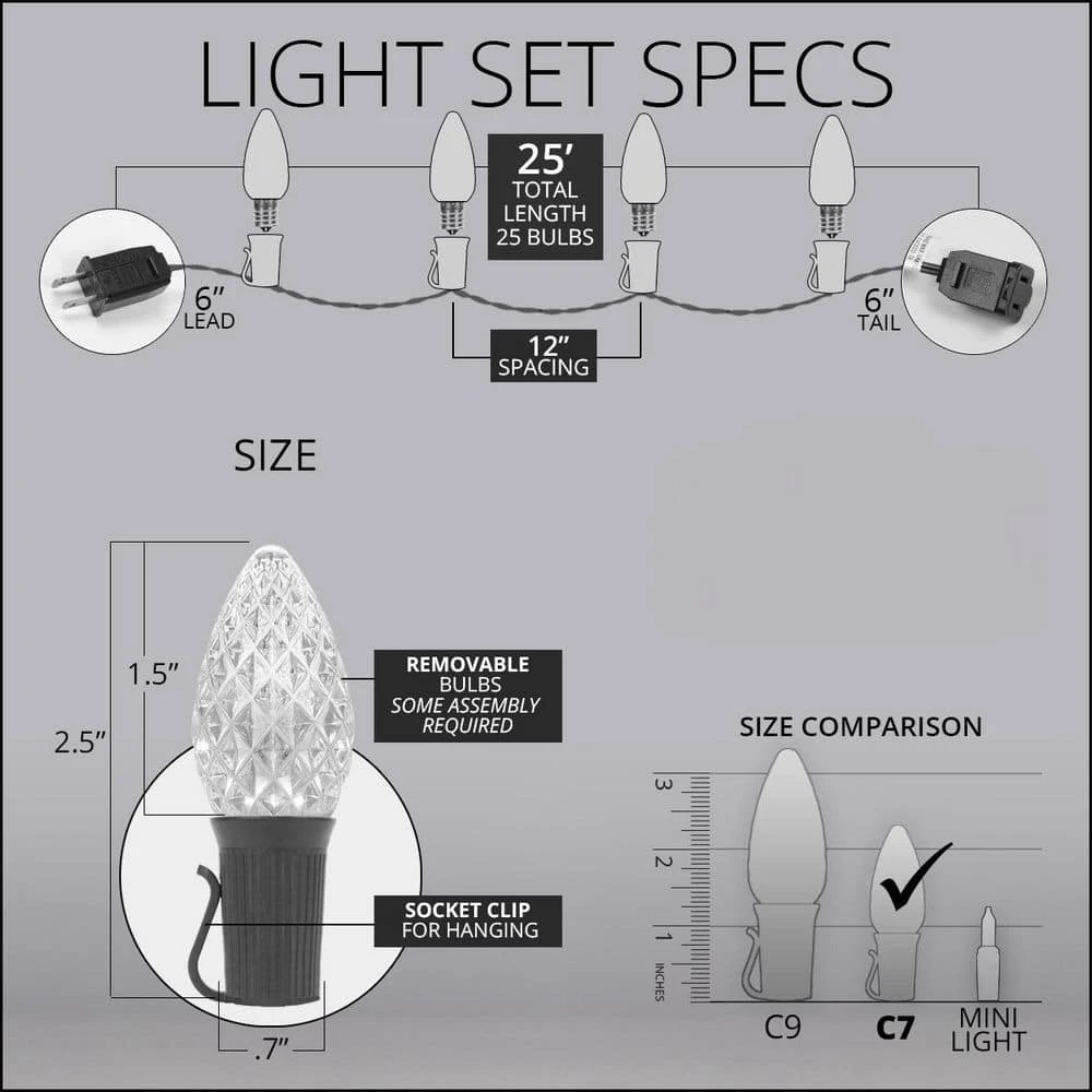OptiCore 24 Ft. 25-Light LED Cool White Faceted C7 String Light Set 4 OptiCore 24 Ft. 25-Light LED Cool White Faceted C7 String Light Set - Image 4