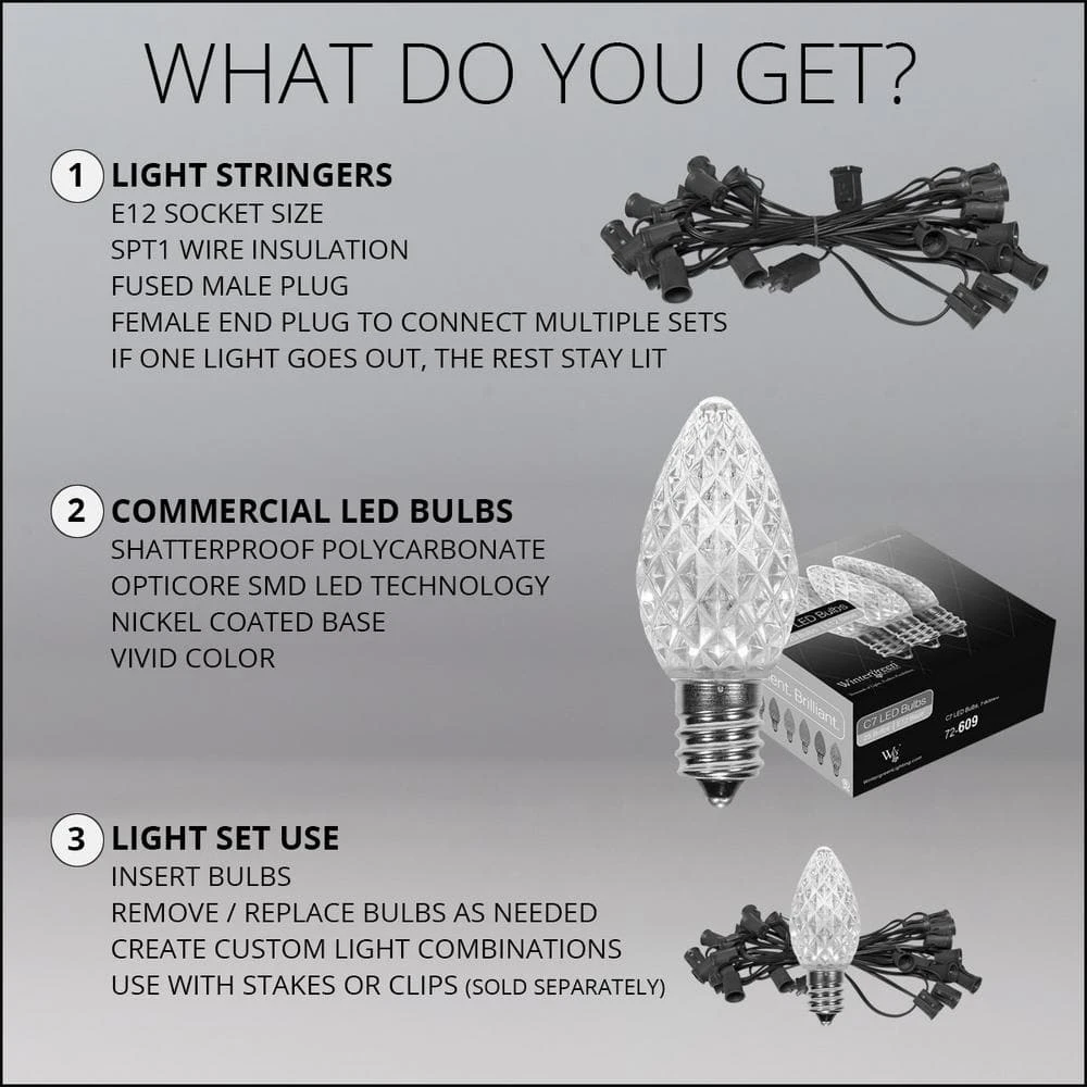 OptiCore 24 Ft. 25-Light LED Cool White Faceted C7 String Light Set 5 OptiCore 24 Ft. 25-Light LED Cool White Faceted C7 String Light Set - Image 5