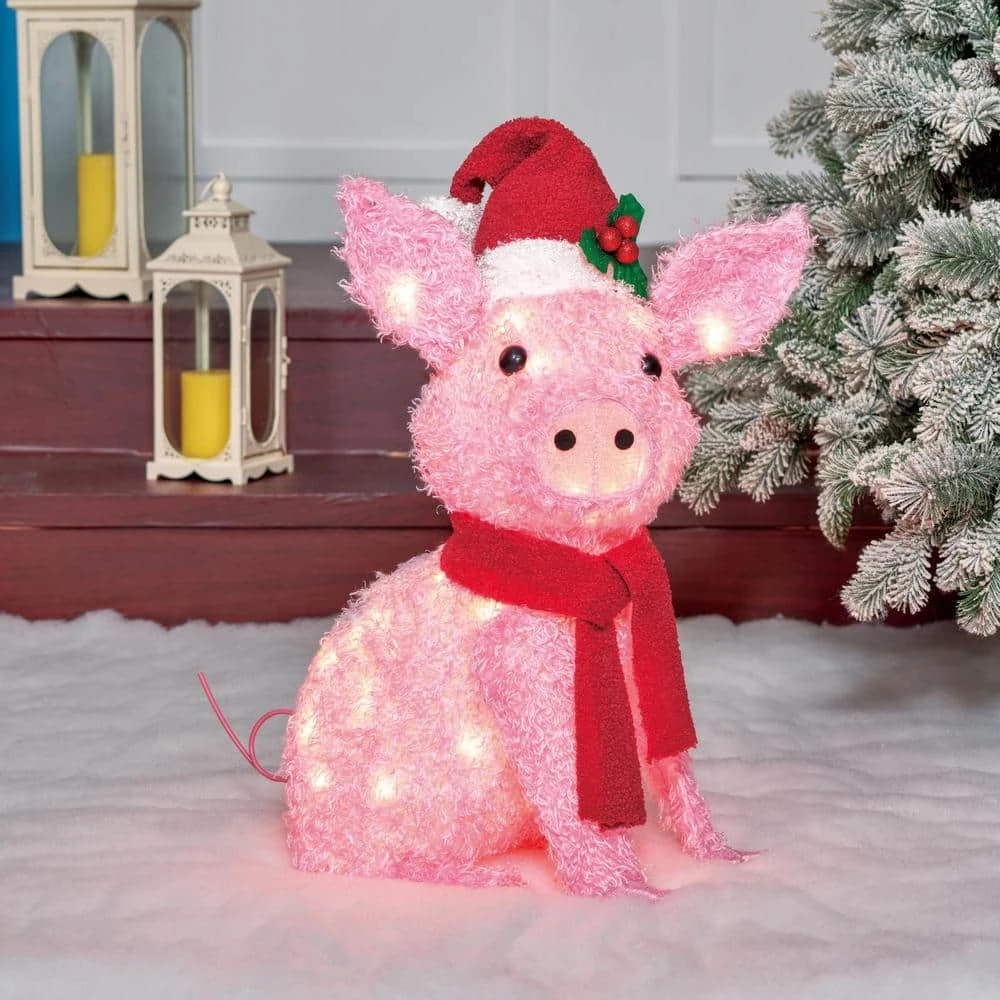 22 In. Tall Clear Lighted Christmas Plush Tinsel Pig Yard Sculpture 4 22 In. Tall Clear Lighted Christmas Plush Tinsel Pig Yard Sculpture - Image 4
