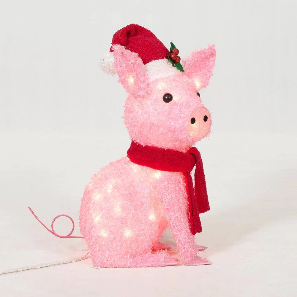22 In. Tall Clear Lighted Christmas Plush Tinsel Pig Yard Sculpture 3 22 In. Tall Clear Lighted Christmas Plush Tinsel Pig Yard Sculpture - Image 3
