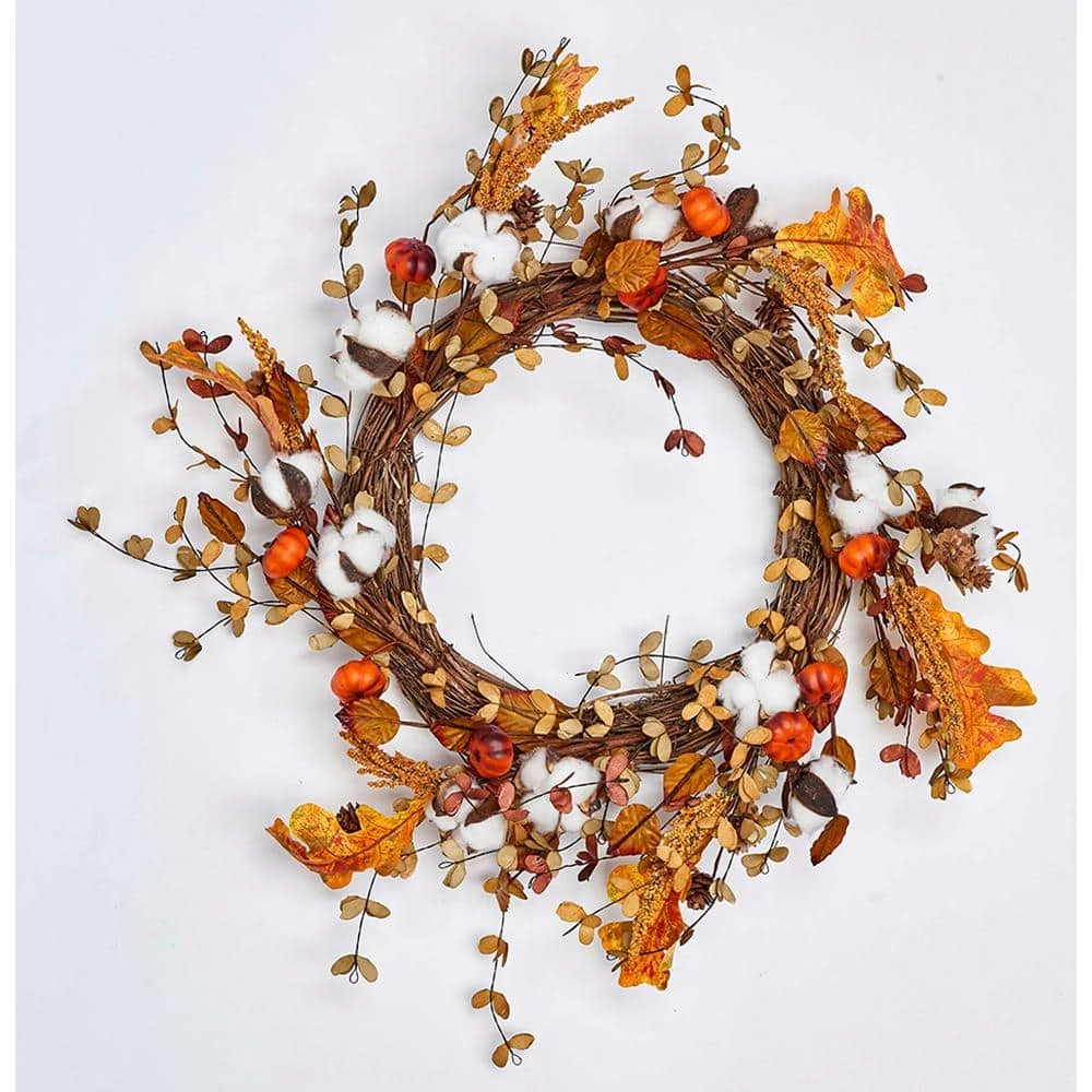 22 In. Artificial Cotton With Lvs And Mini Pumpkins Wreath On Natural Twig Base 1 22 In. Artificial Cotton With Lvs And Mini Pumpkins Wreath On Natural Twig Base