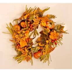 20 In. Artificial Fall Wreath With Long Grasses Berries Pumpkins And Leaves