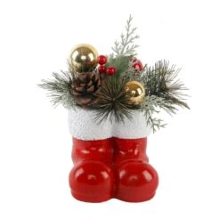 6 In. Cement Christmas Arrangement Santa Boot With Pinecones And Berries