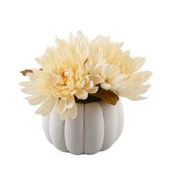 5 In. H Fall Harvest Artificial Plant Cream White Faux Mums In 4 In. Cream Ceramic Pumpkin Pot With Gold Line