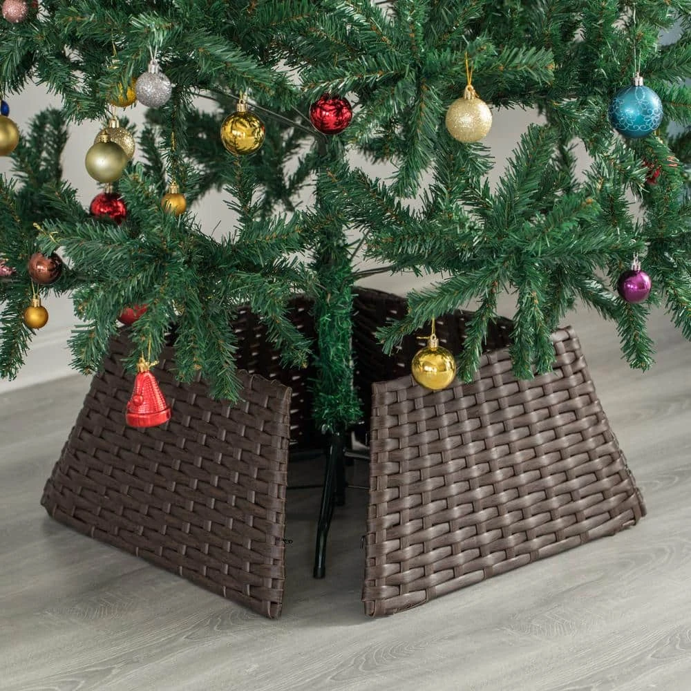 Brown Plastic, Rattan Foldable Christmas Tree Skirt Collar Basket, Ring Base Stand Cover 3 Brown Plastic, Rattan Foldable Christmas Tree Skirt Collar Basket, Ring Base Stand Cover - Image 3