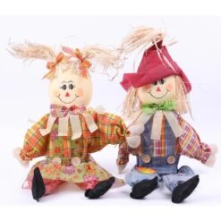 24 In. Sitting Scarecrow Sister And Brother Set With Red Hat
