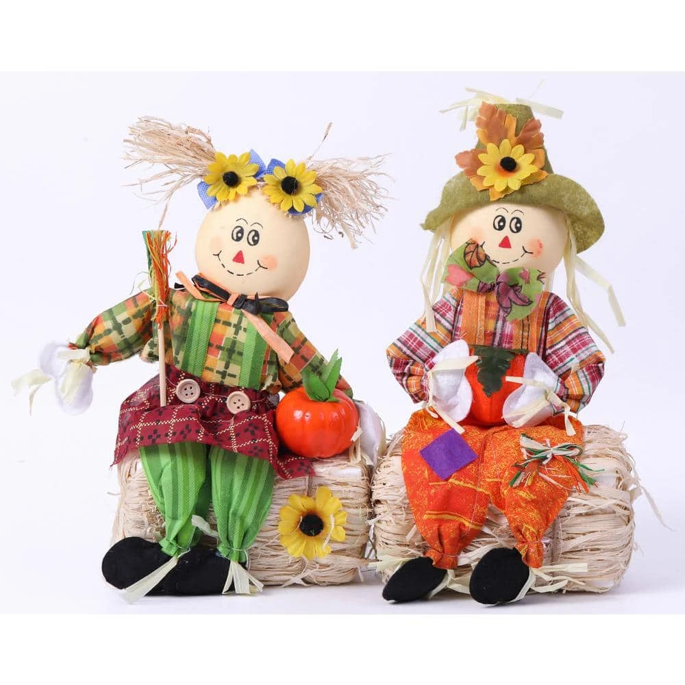 13 In. Boy And Girl Duo Scarecrow Seated On A Rustic Hay Bales - Enjoy The Magic They Bring And Let Your Garden Blossom 1 13 In. Boy And Girl Duo Scarecrow Seated On A Rustic Hay Bales - Enjoy The Magic They Bring And Let Your Garden Blossom