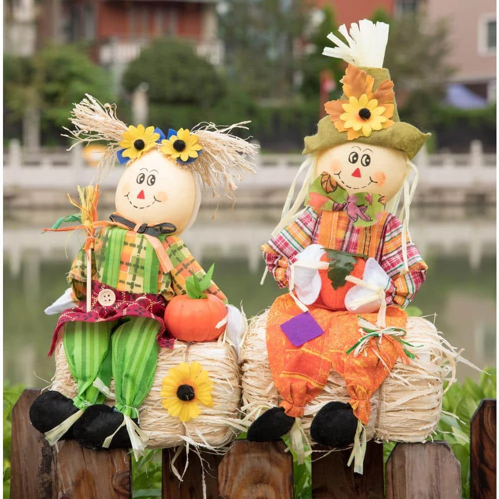 13 In. Boy And Girl Duo Scarecrow Seated On A Rustic Hay Bales - Enjoy The Magic They Bring And Let Your Garden Blossom 2 13 In. Boy And Girl Duo Scarecrow Seated On A Rustic Hay Bales - Enjoy The Magic They Bring And Let Your Garden Blossom - Image 2