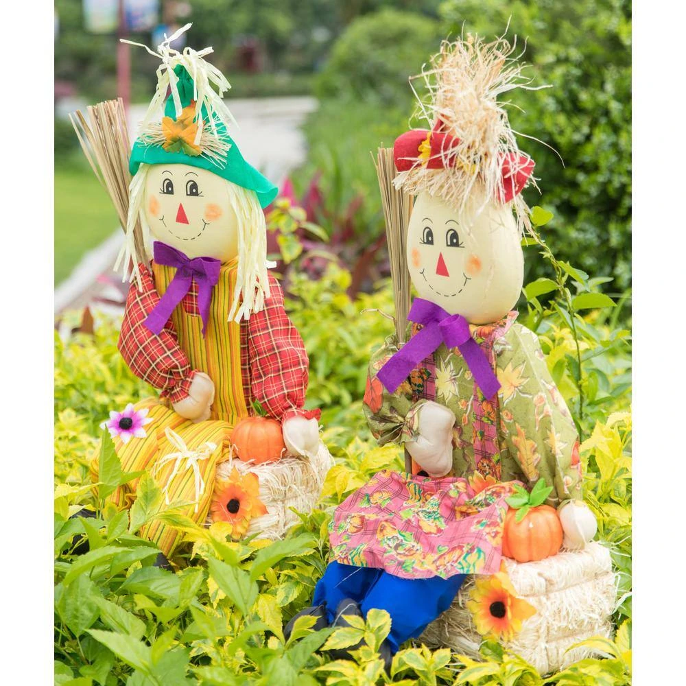 26 In. Outdoor Set Featuring Boy And Girl Garden Decoration Scarecrow, Seated On Hay Bales 5 26 In. Outdoor Set Featuring Boy And Girl Garden Decoration Scarecrow, Seated On Hay Bales - Image 5