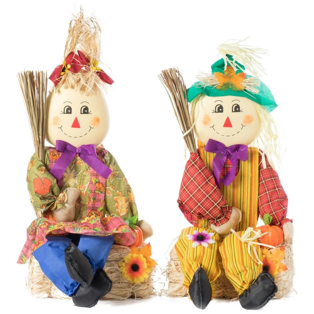 26 In. Outdoor Set Featuring Boy And Girl Garden Decoration Scarecrow, Seated On Hay Bales 1 26 In. Outdoor Set Featuring Boy And Girl Garden Decoration Scarecrow, Seated On Hay Bales