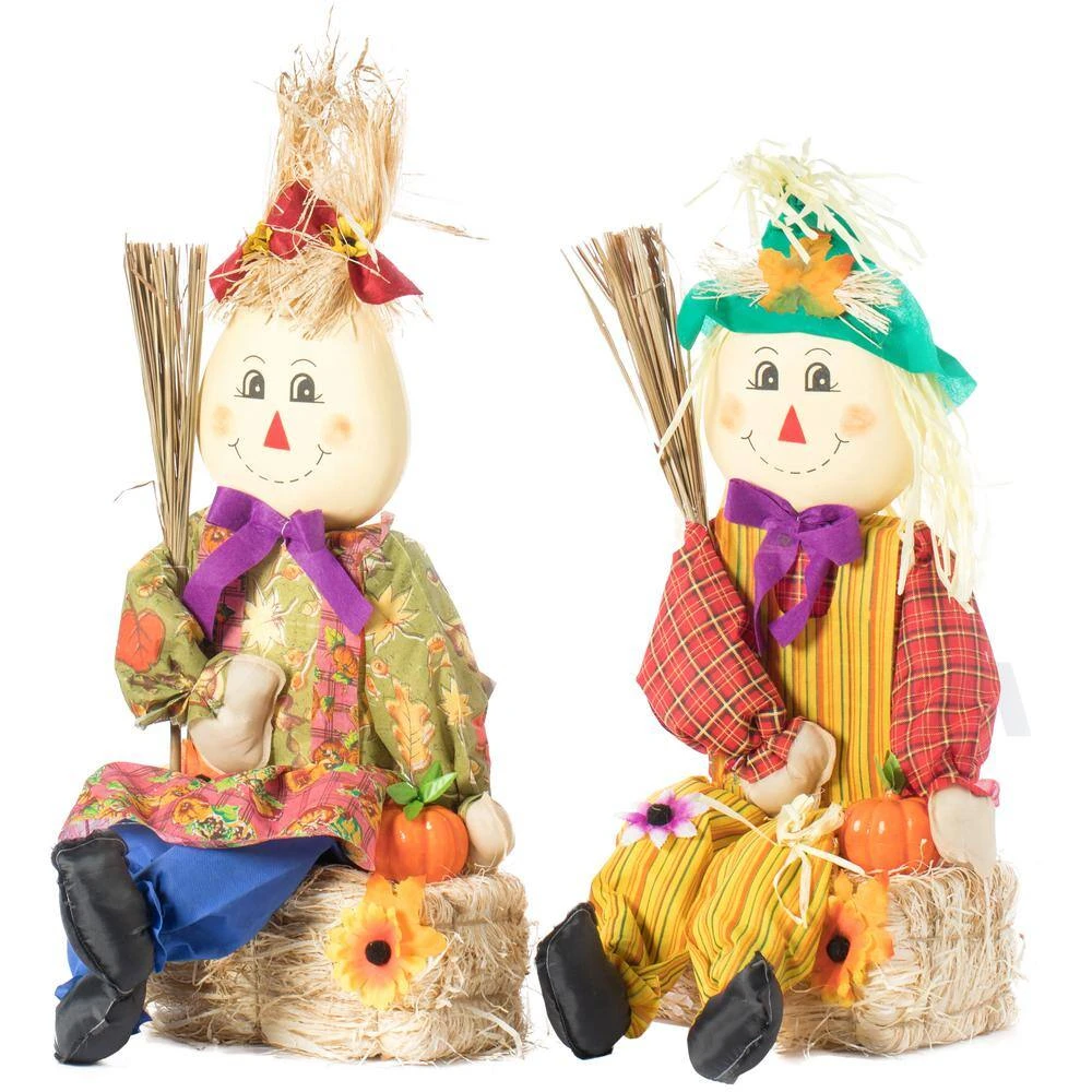 26 In. Outdoor Set Featuring Boy And Girl Garden Decoration Scarecrow, Seated On Hay Bales 4 26 In. Outdoor Set Featuring Boy And Girl Garden Decoration Scarecrow, Seated On Hay Bales - Image 4