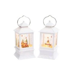 8.75 In. HB/O Lighted White Lantern Framed Water Globes With Holiday Scenes (Set Of 2)