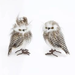 9 In. H Realistic Faux Fur And Feather Owls (Set Of 2)