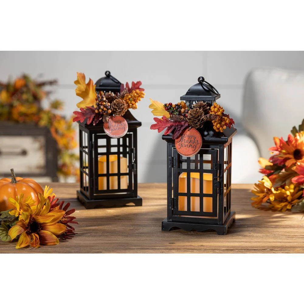 10.5 In. H Black Metal Lanterns With B/O LED Candles And Floral Accents (Set Of 2) 2 10.5 In. H Black Metal Lanterns With B/O LED Candles And Floral Accents (Set Of 2) - Image 2