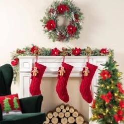 22 In. Red Knitted Christmas Stocking With Complimentary Gingerbread Man Ornament -The Home Depot Shop glitzhome christmas stockings 2004700150 31 1000