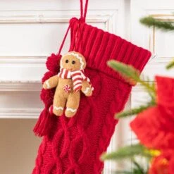 22 In. Red Knitted Christmas Stocking With Complimentary Gingerbread Man Ornament -The Home Depot Shop glitzhome christmas stockings 2004700150 4f 1000
