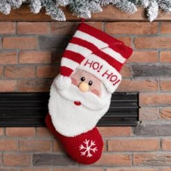 20 In. Polyester/Acrylic Hooked Christmas Stocking With 3D Santa -The Home Depot Shop glitzhome christmas stockings jk13403wsa 31 1000