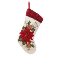19 In. Polyester/Acrylic Hooked Christmas Stocking With Poinsettia