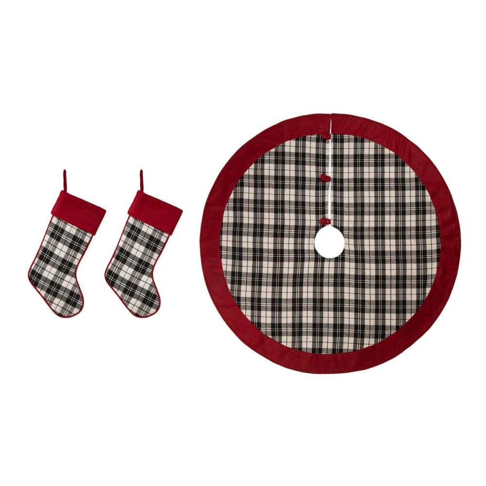 48 In. D Black And White Plaid Fabric Christmas Tree Skirt And 2-Pack 20 In. Stocking (Set Of 3) 1 48 In. D Black And White Plaid Fabric Christmas Tree Skirt And 2-Pack 20 In. Stocking (Set Of 3)