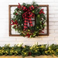 7 In. Wooden Window Frame With LED Pre-Lit Flocked Pinecone And Ornament Wreath -The Home Depot Shop glitzhome christmas wall decorations 2005500047 31 1000