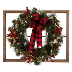 7 In. Wooden Window Frame With LED Pre-Lit Flocked Pinecone And Ornament Wreath