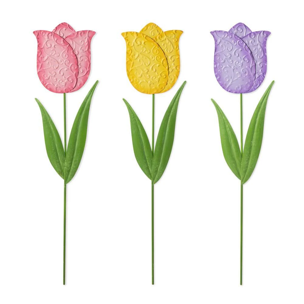 Set Of 3 24 In.H Easter Metal Tulips Yard Stake (KD) 1 Set Of 3 24 In.H Easter Metal Tulips Yard Stake (KD)