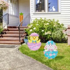 (Set Of 2) 24 In. H Easter Metal Bunny&Chick Egg Yard Stake 19 (Set Of 2) 24 In. H Easter Metal Bunny&Chick Egg Yard Stake -The Home Depot Shop glitzhome easter decorations 2006600028 31 1000
