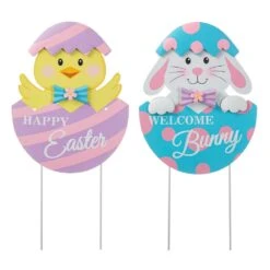 (Set Of 2) 24 In. H Easter Metal Bunny&Chick Egg Yard Stake