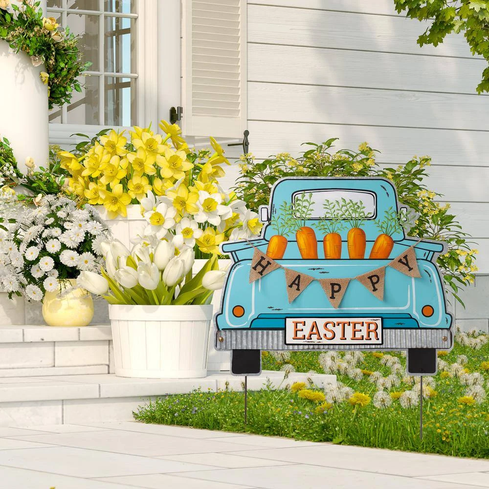 26"H Easter Metal Truck Yard Stake Or Wall Decor Or Standing Decor (KD, Three Functions) 2 26"H Easter Metal Truck Yard Stake Or Wall Decor Or Standing Decor (KD, Three Functions) - Image 2