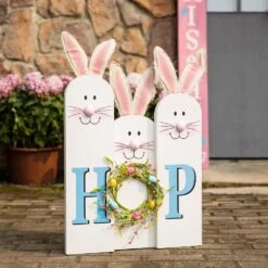 29.5 In. H Wooden Easter Bunny Family HOP Porch Sign -The Home Depot Shop glitzhome easter decorations 2006700011 1f 1000
