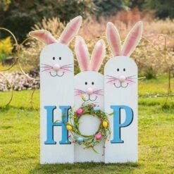 29.5 In. H Wooden Easter Bunny Family HOP Porch Sign -The Home Depot Shop glitzhome easter decorations 2006700011 4f 1000