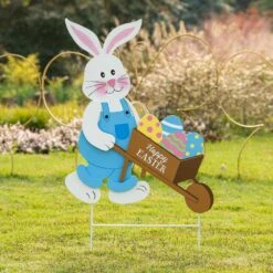 30.5 In. H Wooden Easter Bunny Cart Yard Stake Or Wall Decor (KD, 2 Function) -The Home Depot Shop glitzhome easter decorations 2006700015 4f 1000