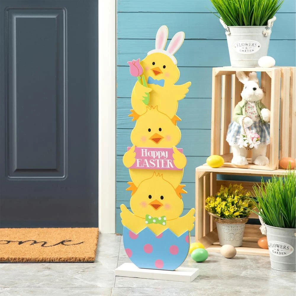 30 In. H Easter Wooden Stacked Chicks Porch Décor (KD) 2 30 In. H Easter Wooden Stacked Chicks Porch Décor (KD) - Image 2