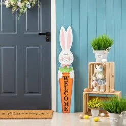 42 In. H Easter Wooden Bunny Welcome Porch Sign -The Home Depot Shop glitzhome easter decorations 2006700025 31 1000