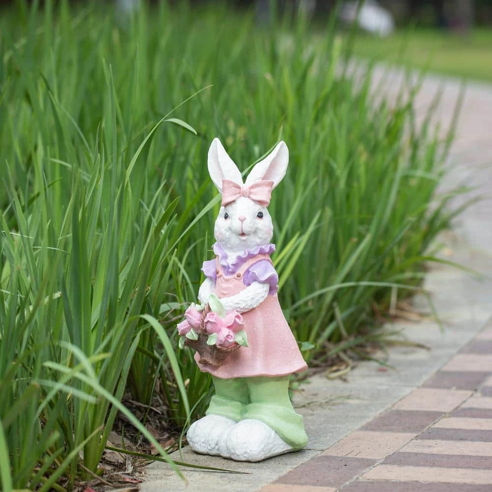 17.5 In. H Easter Resin Bunny Girl Table Decor With Flower Basket 2 17.5 In. H Easter Resin Bunny Girl Table Decor With Flower Basket - Image 2