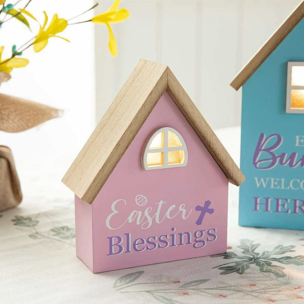 6 In. /8 In. H (Set Of 2) Lighted Easter Wooden House-shaped Table Decor 6 6 In. /8 In. H (Set Of 2) Lighted Easter Wooden House-shaped Table Decor - Image 6